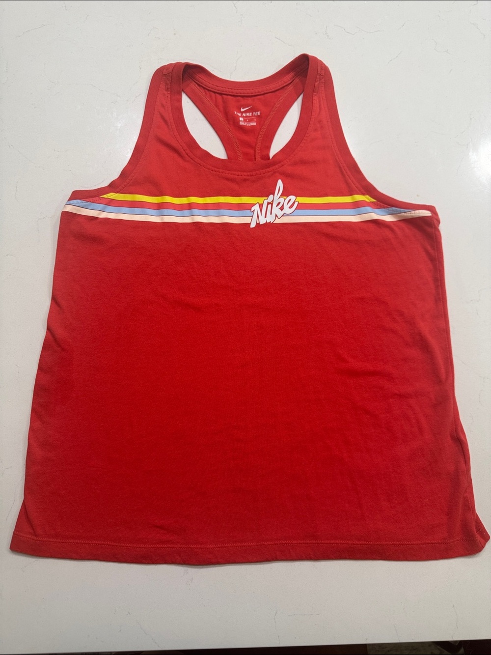 Nike Red Orange Racerback Tank with Yellow, Blue and White Stripes